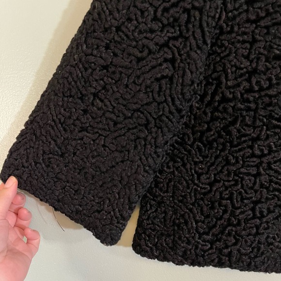 Women's Black Curly Lamb Wool Snap Button Winter Long Sleeve Lined Warm Coat M/L - Picture 8 of 9